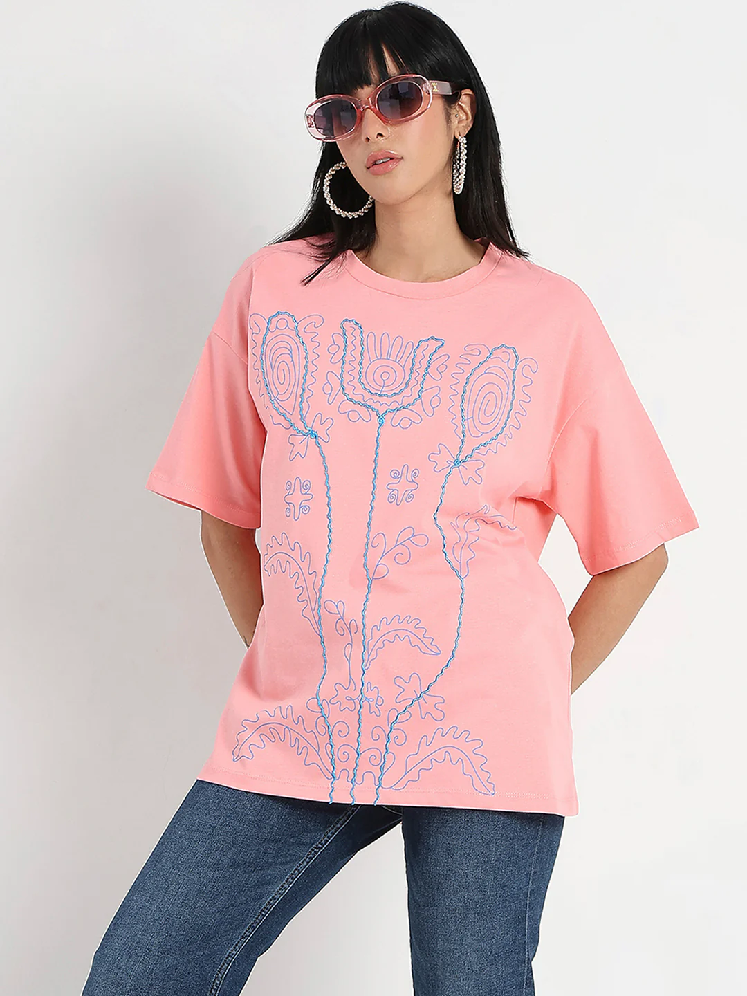 Madame Floral Print Oversize Fit  Peach Cotton T-shirt