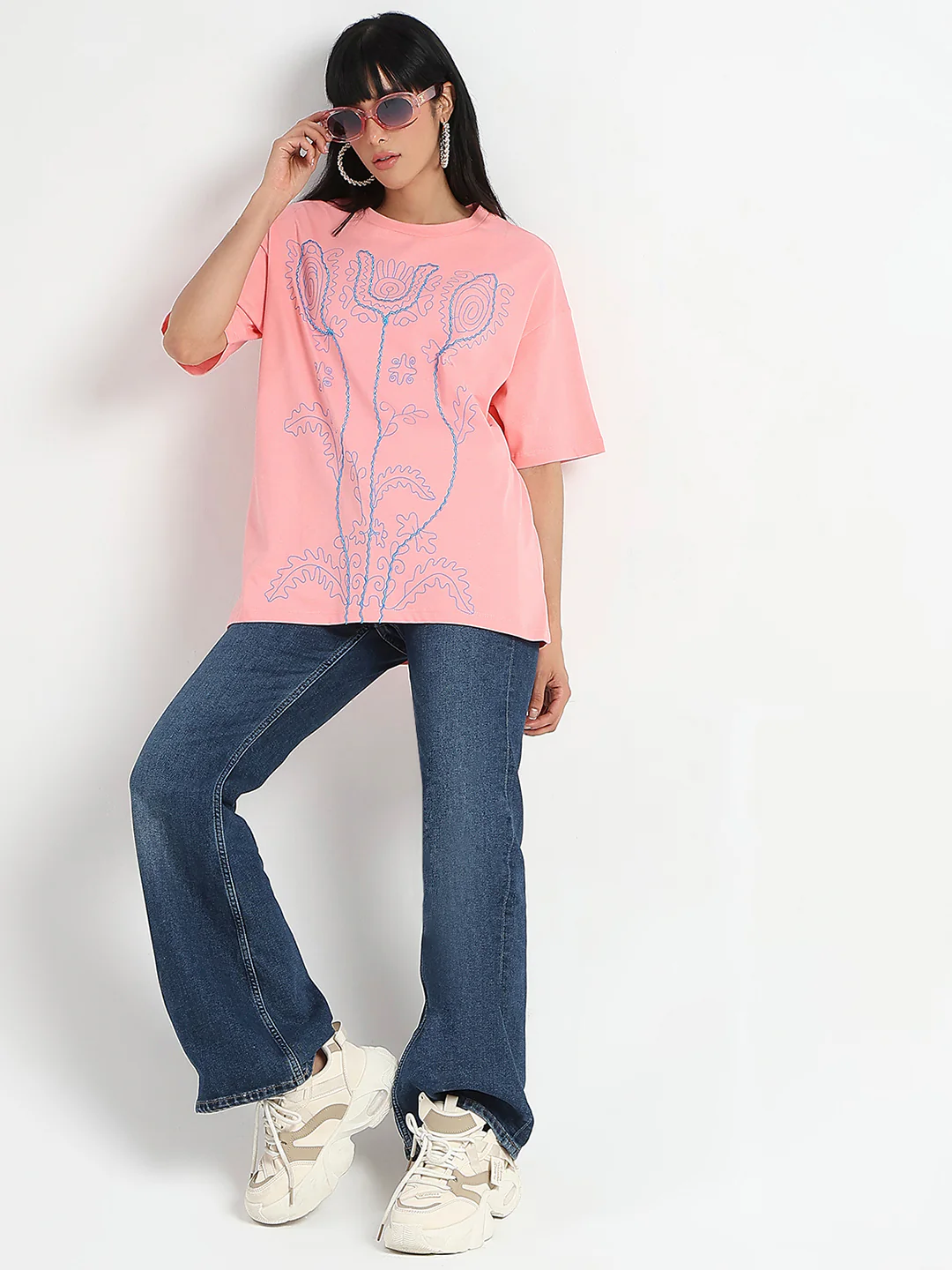 Madame Floral Print Oversize Fit  Peach Cotton T-shirt - Image 2