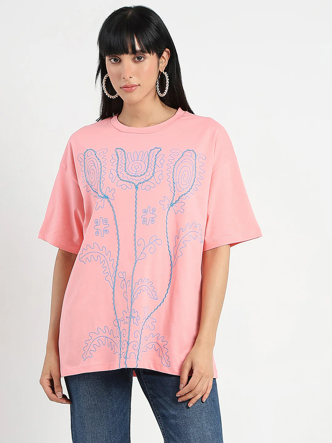 Madame Floral Print Oversize Fit  Peach Cotton T-shirt - Image 3
