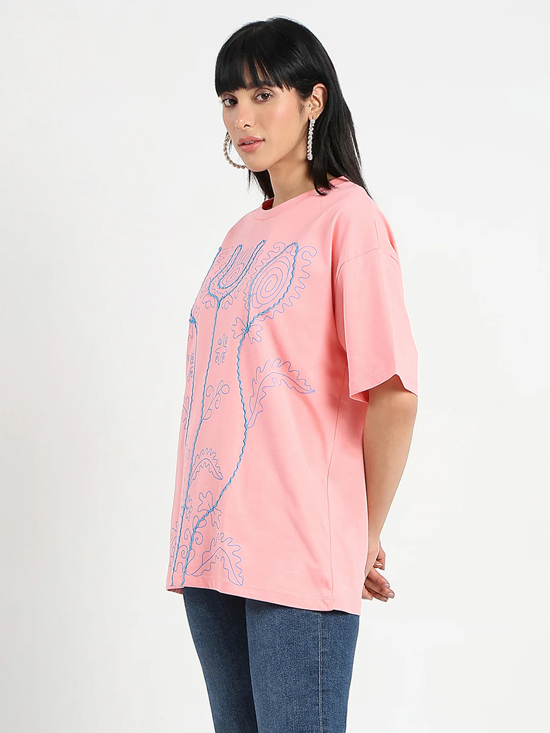 Madame Floral Print Oversize Fit  Peach Cotton T-shirt - Image 5