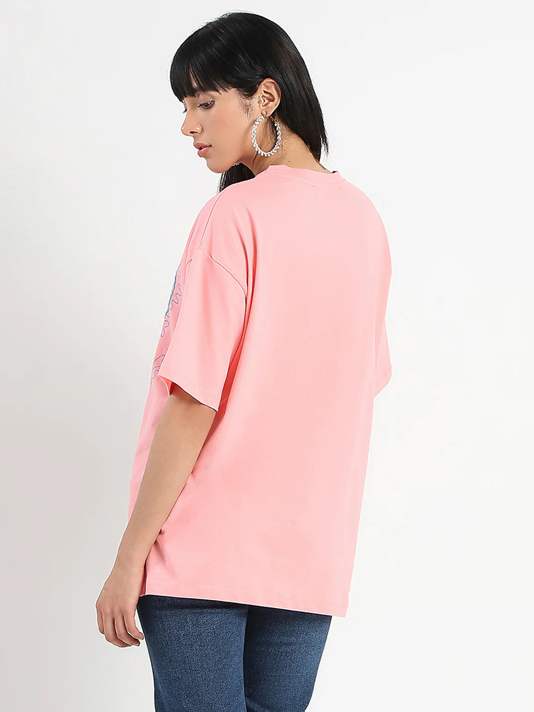 Madame Floral Print Oversize Fit  Peach Cotton T-shirt - Image 6