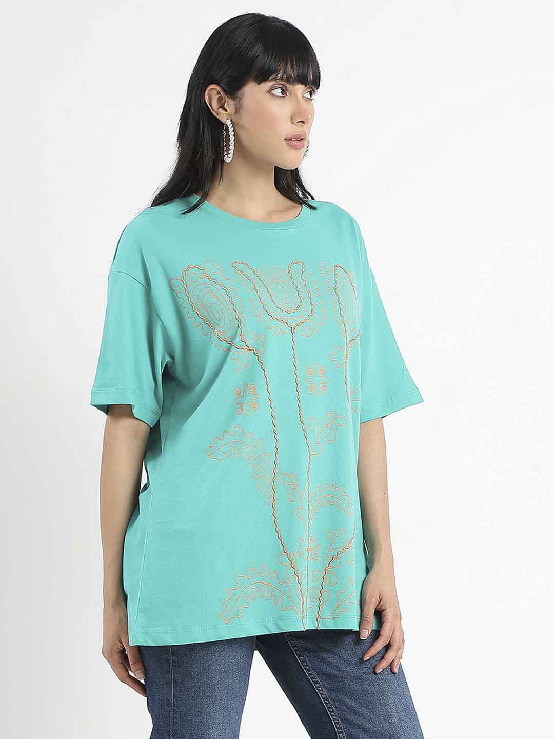 Madame Graphic Print Half Sleeve Peacock Green Cotton T-Shirt - Image 3