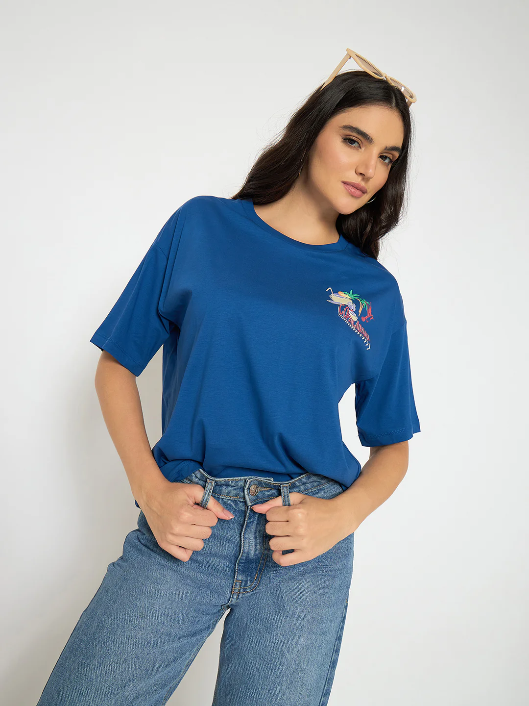 Madame Graphic Adorned Royal Blue Cotton T-Shirt
