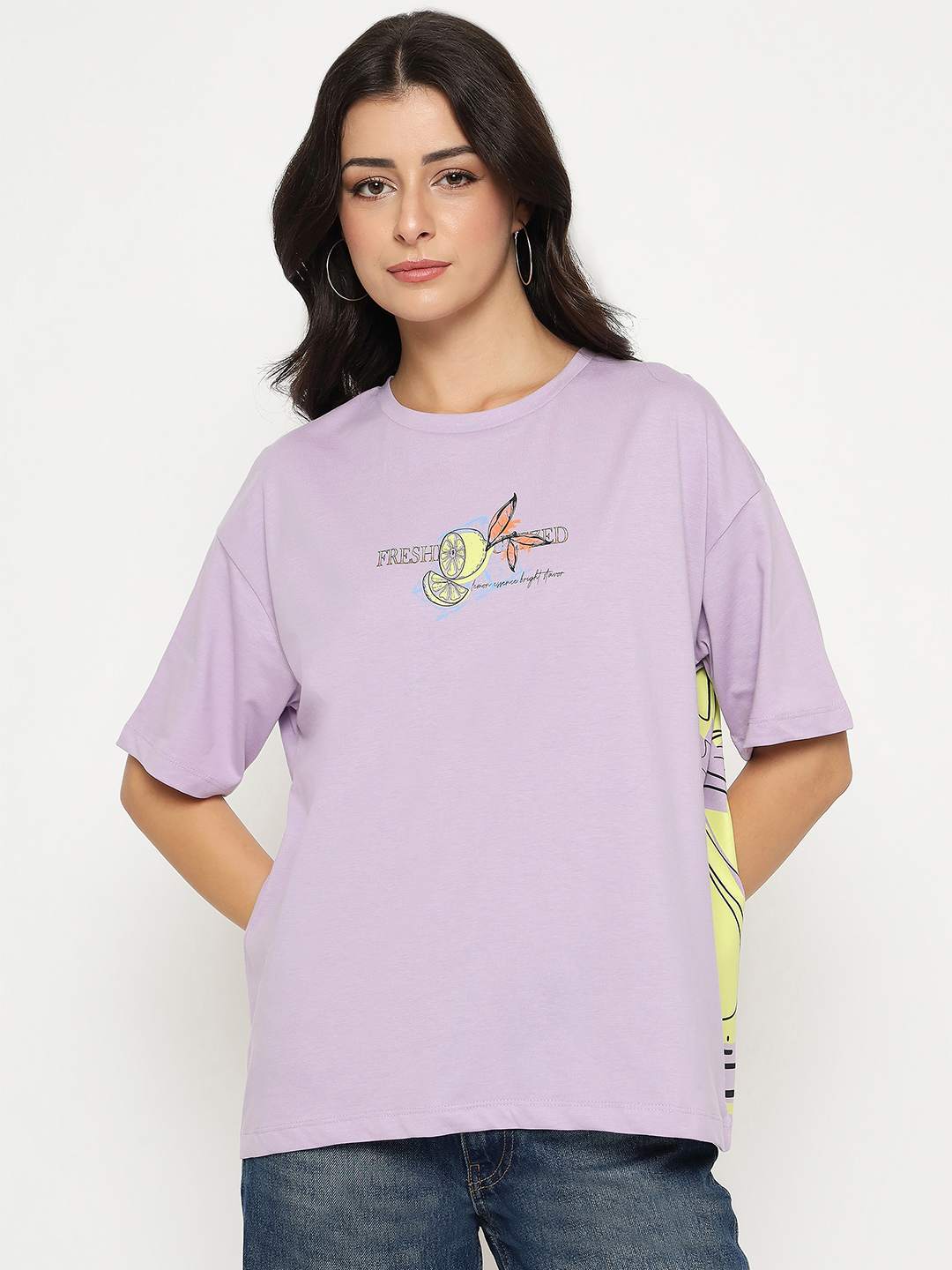 Madame Front and Back Graphic Print Lilac Cotton T-Shirt - Image 3
