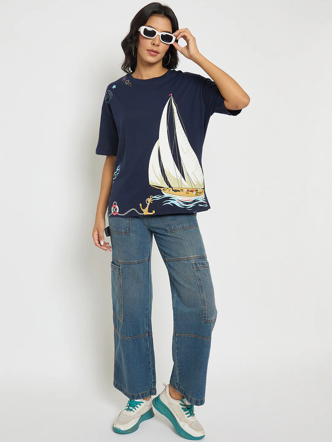 Madame Abstract Print Navy Blue Cotton T-shirt - Image 2