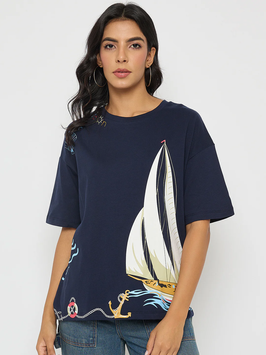 Madame Abstract Print Navy Blue Cotton T-shirt - Image 3