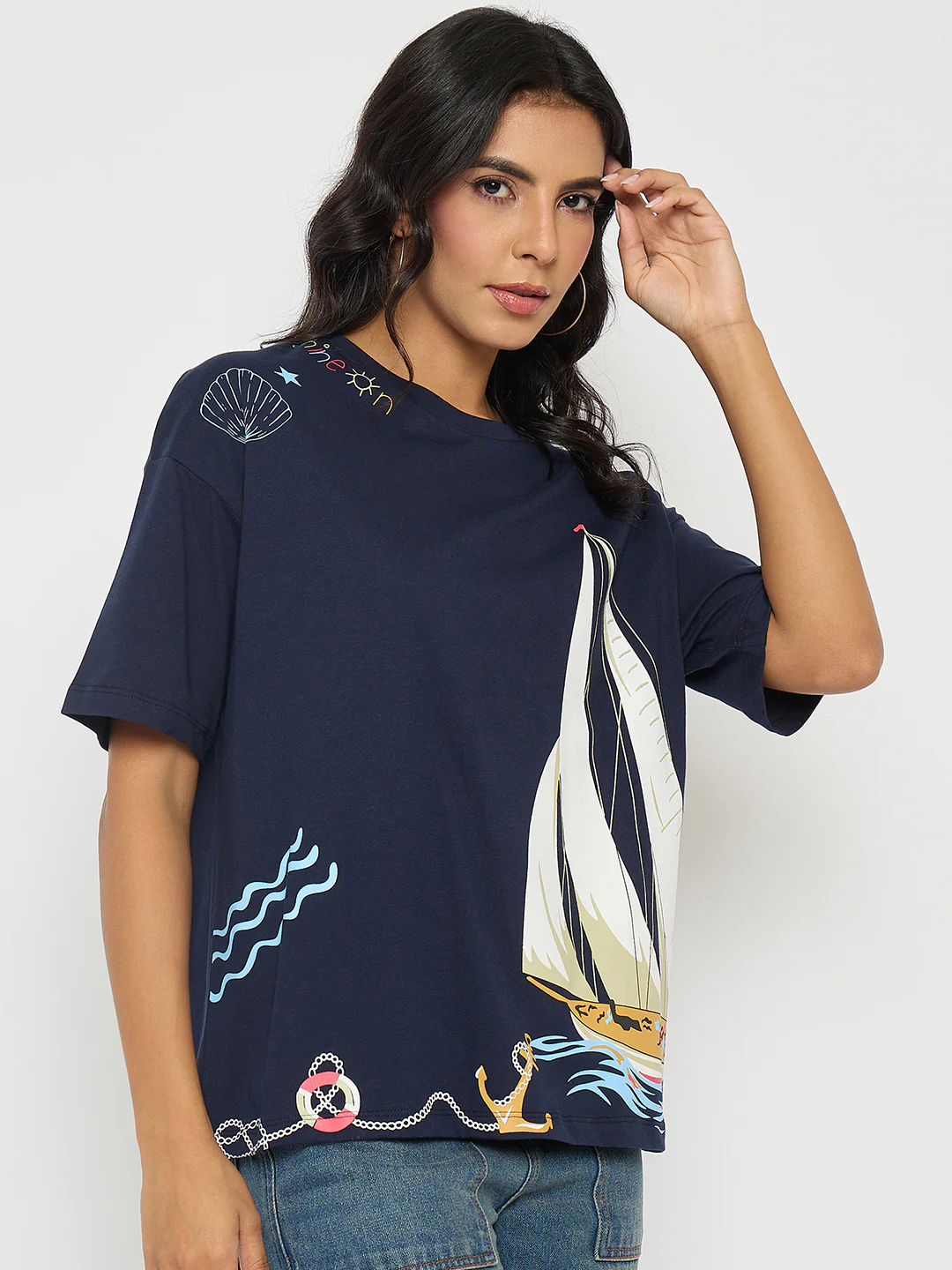 Madame Abstract Print Navy Blue Cotton T-shirt - Image 4