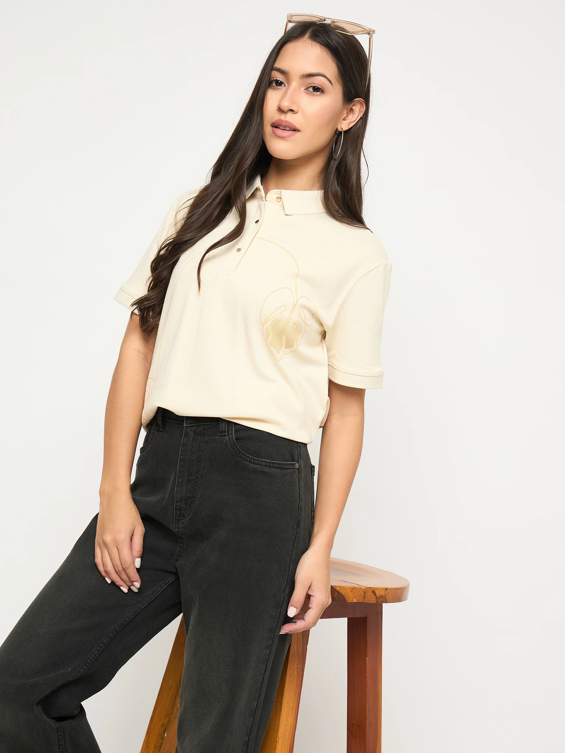 Madame Botanical Print Beige Cotton Blend Polo T-shirt