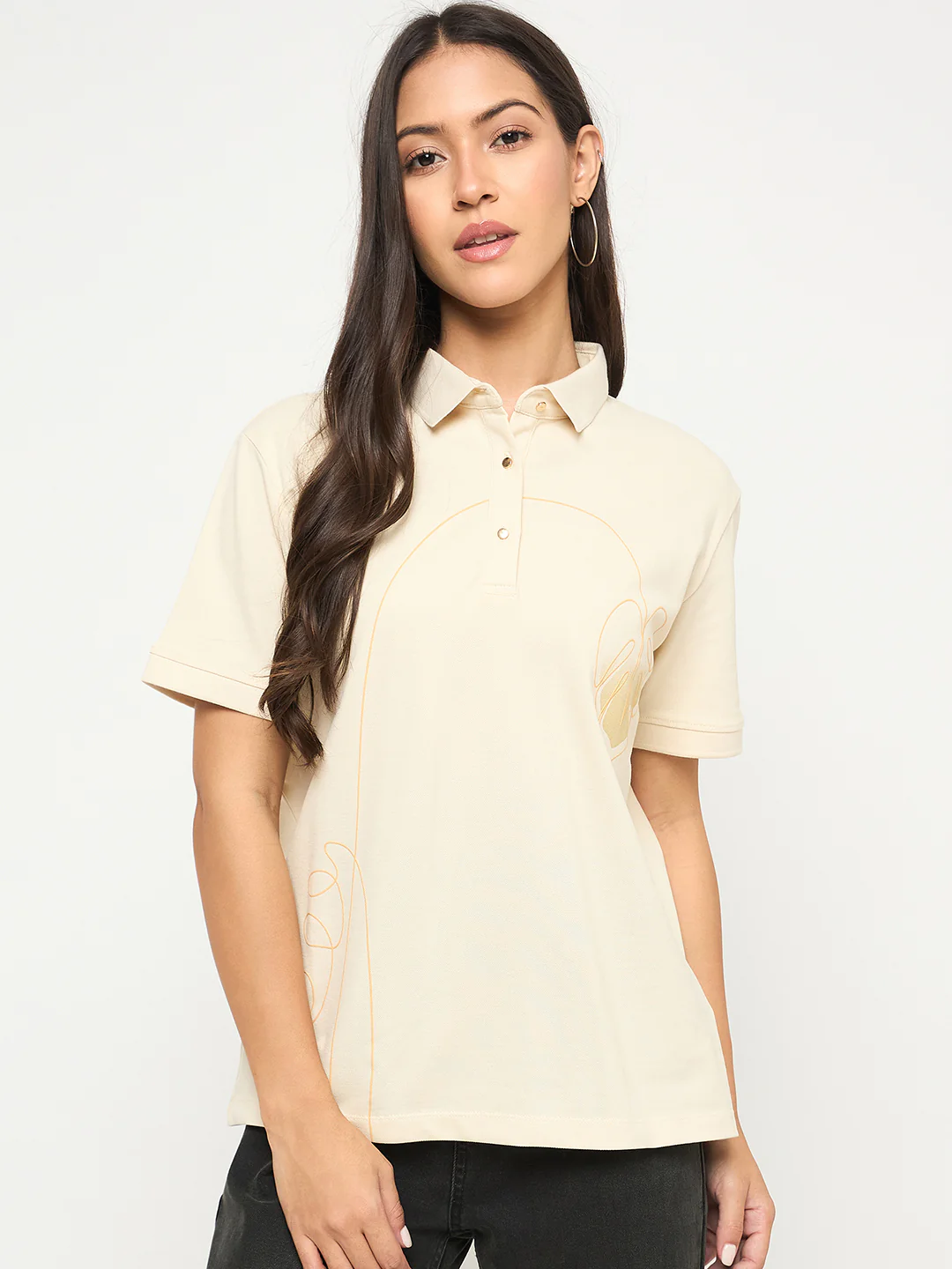 Madame Botanical Print Beige Cotton Blend Polo T-shirt - Image 3