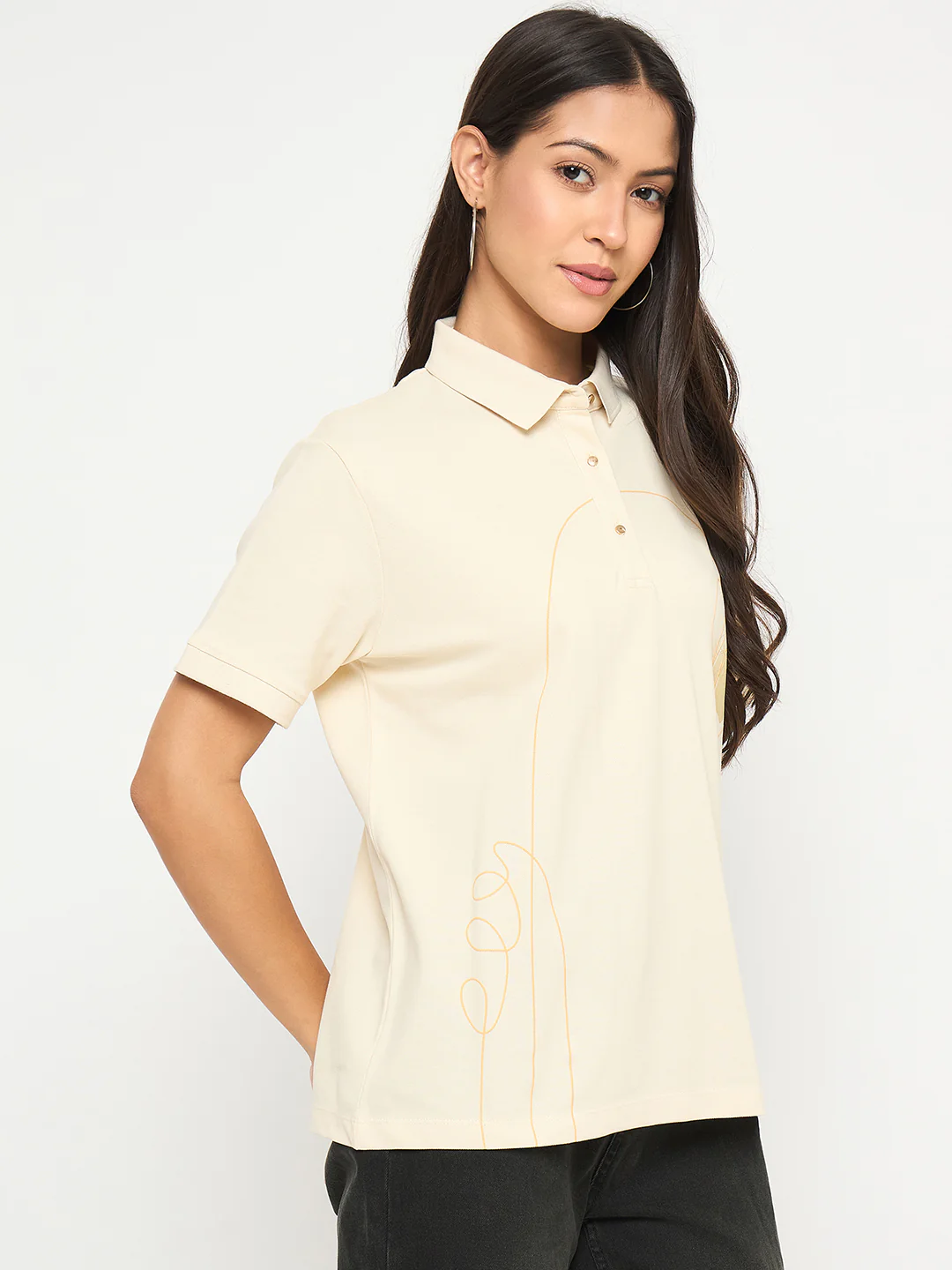 Madame Botanical Print Beige Cotton Blend Polo T-shirt - Image 4