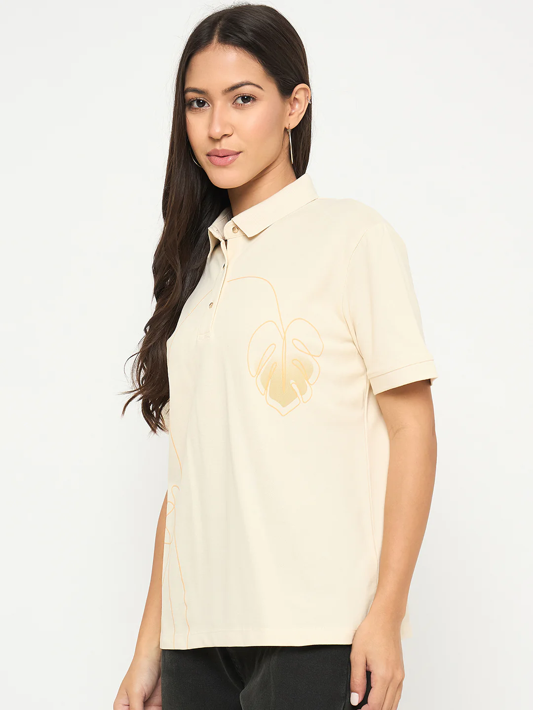Madame Botanical Print Beige Cotton Blend Polo T-shirt - Image 5