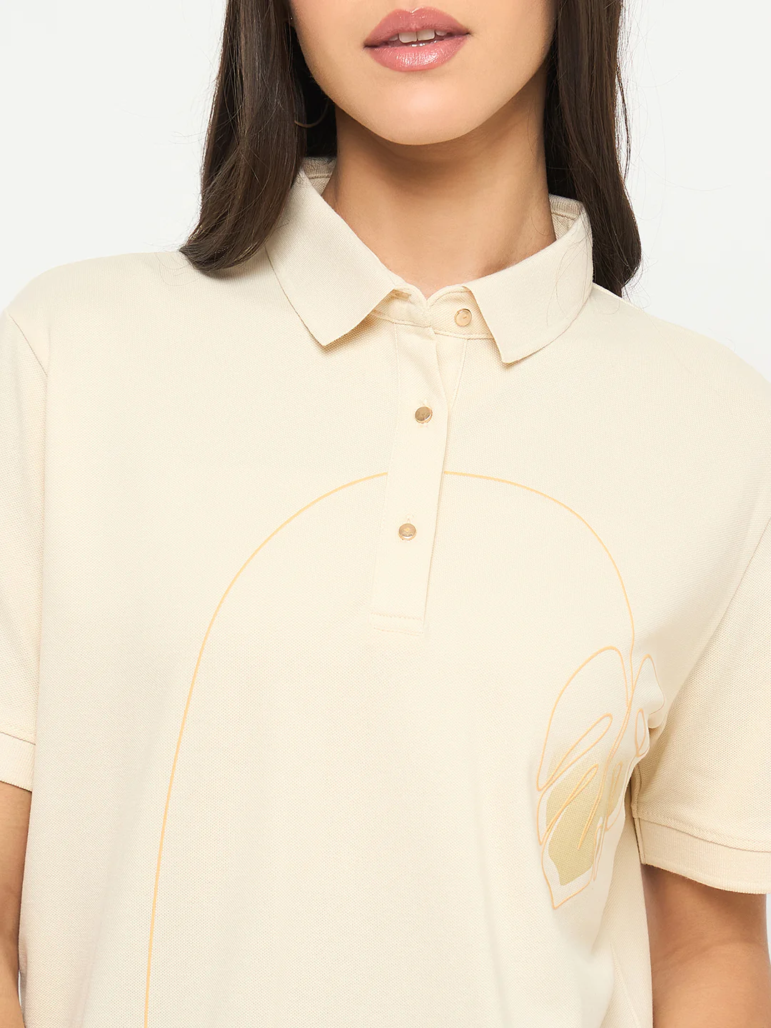Madame Botanical Print Beige Cotton Blend Polo T-shirt - Image 7