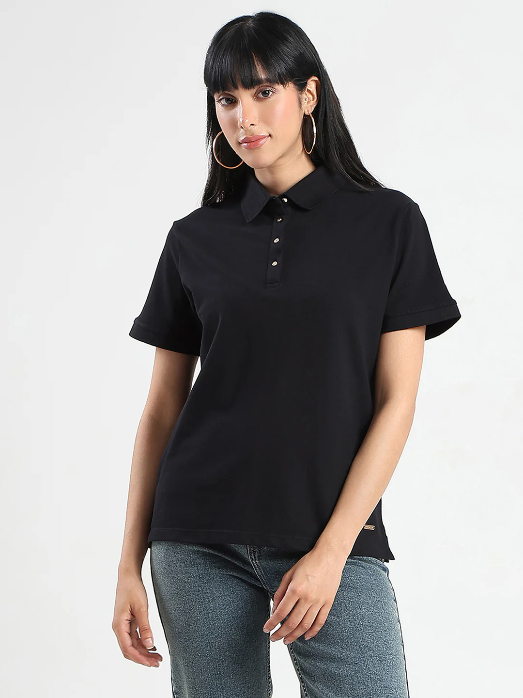 Madame Collared Solid Black Cotton Blend Polo T-Shirt - Image 3