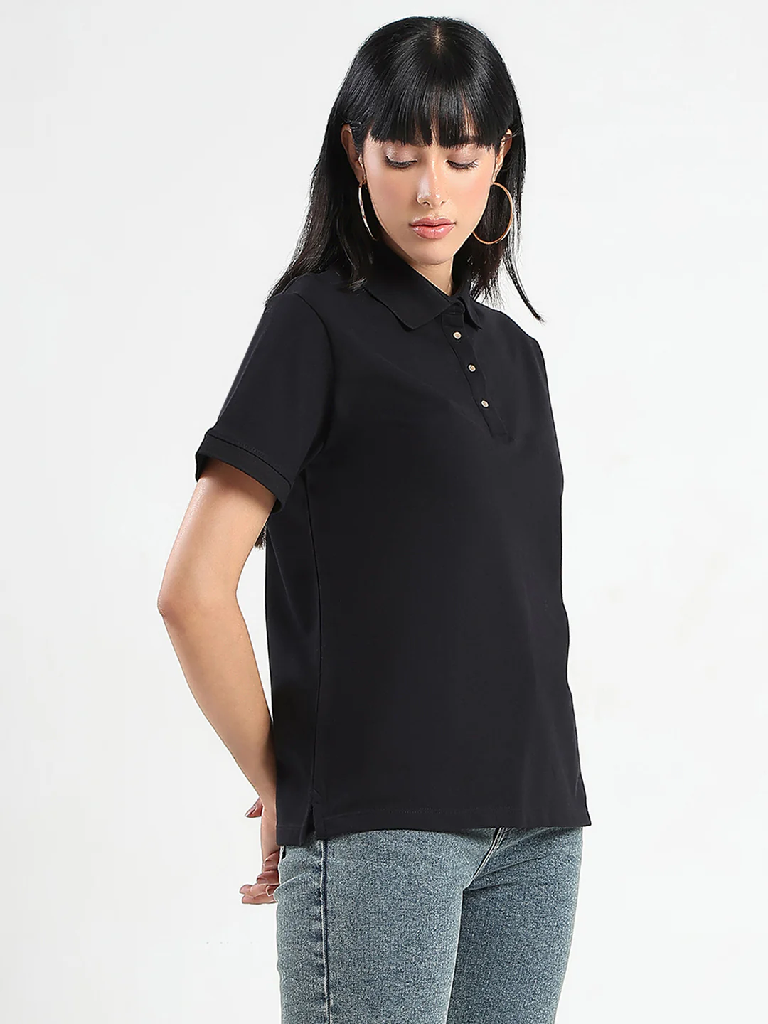 Madame Collared Solid Black Cotton Blend Polo T-Shirt - Image 4