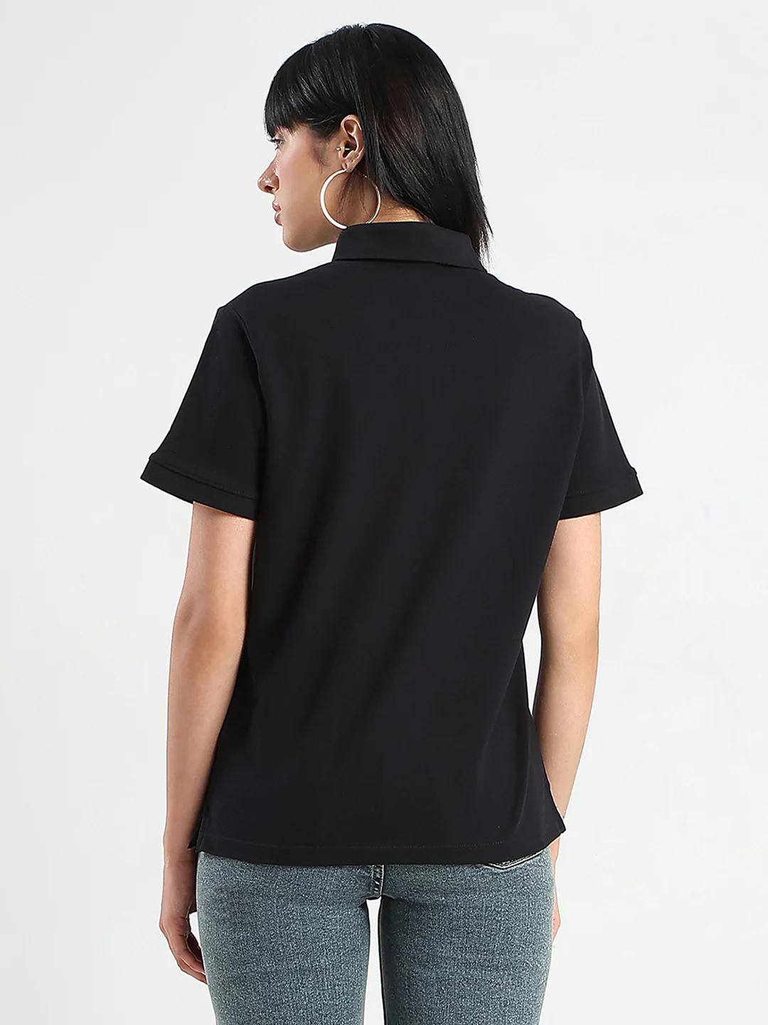 Madame Collared Solid Black Cotton Blend Polo T-Shirt - Image 6