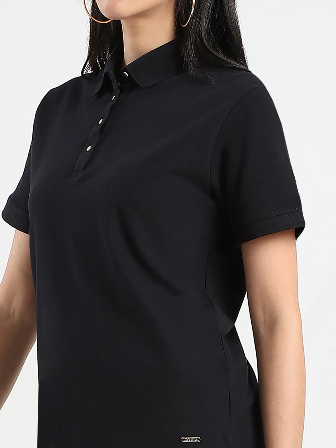 Madame Collared Solid Black Cotton Blend Polo T-Shirt - Image 7