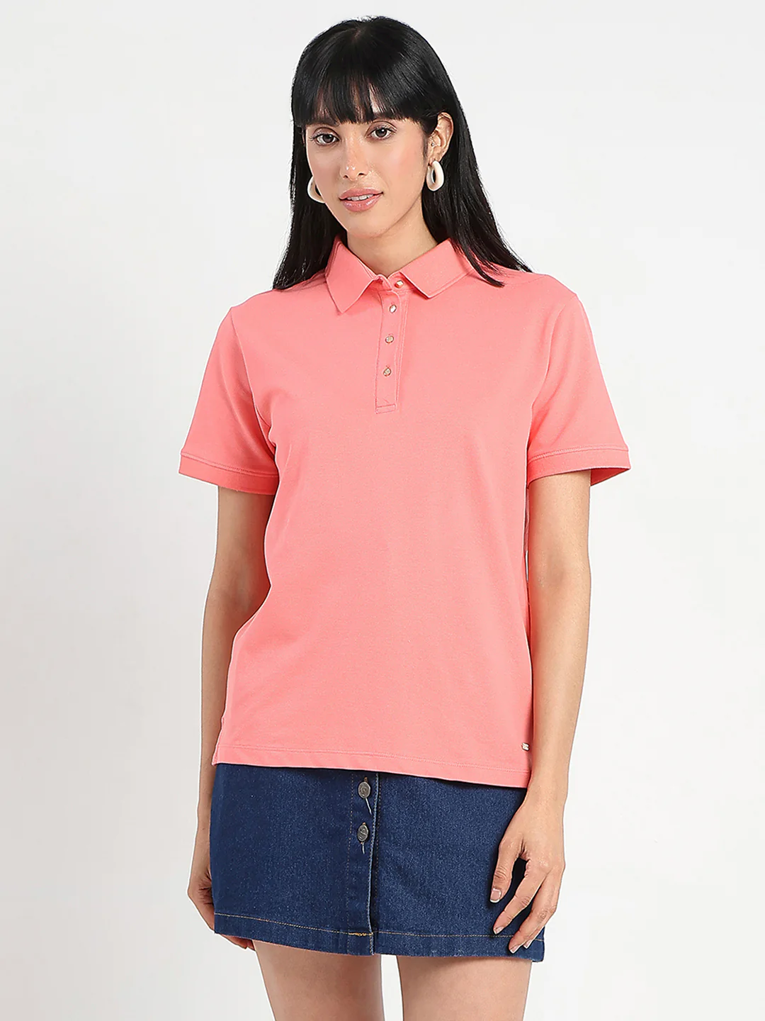 Madame Collared Solid Coral Cotton Blend Polo T-Shirt