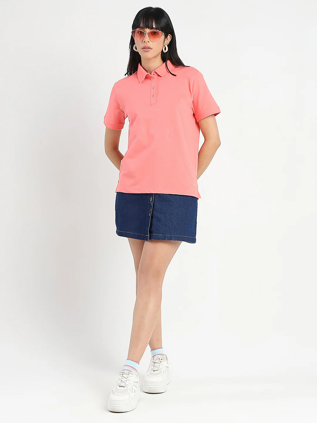 Madame Collared Solid Coral Cotton Blend Polo T-Shirt - Image 2