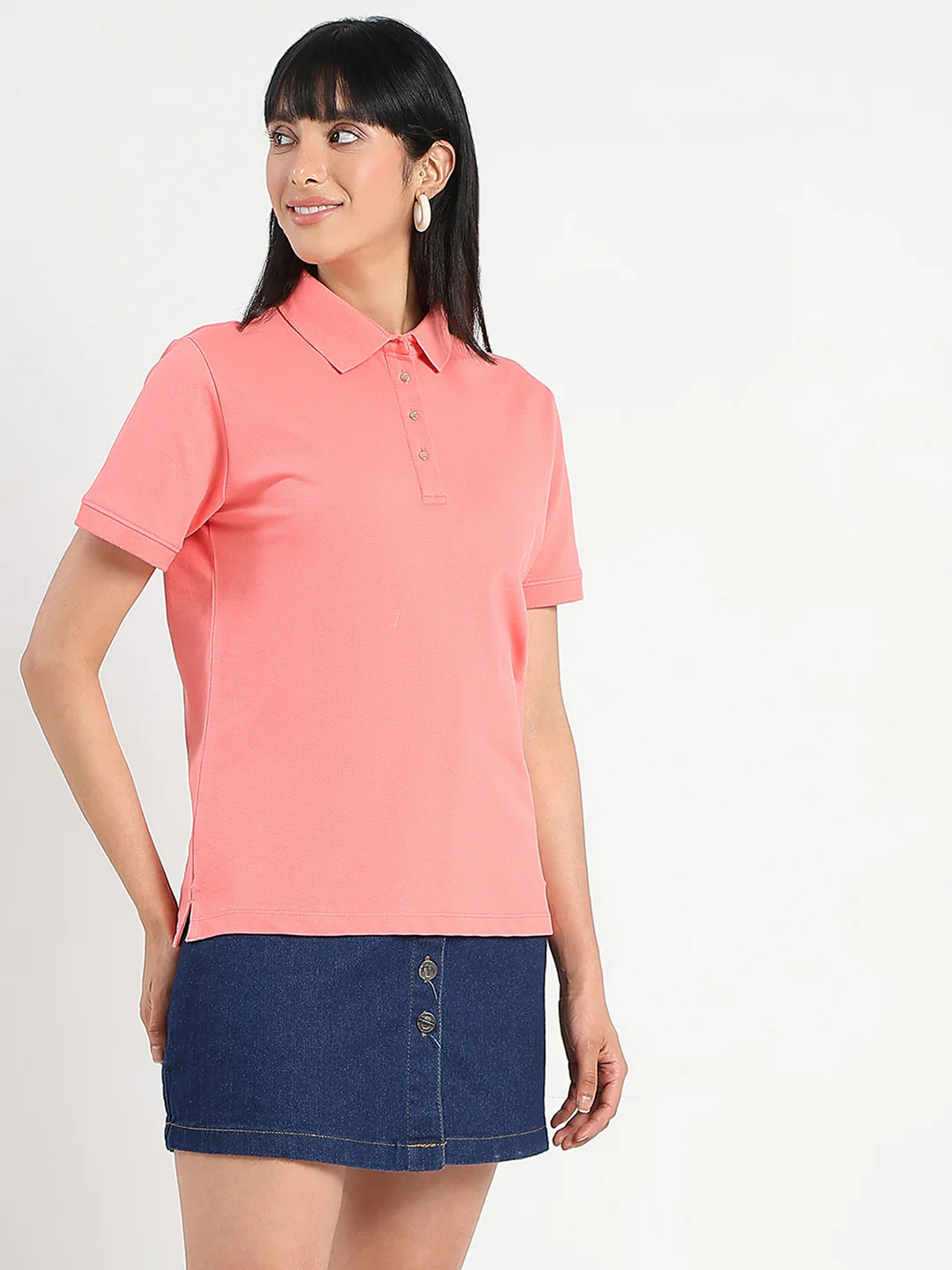 Madame Collared Solid Coral Cotton Blend Polo T-Shirt - Image 3