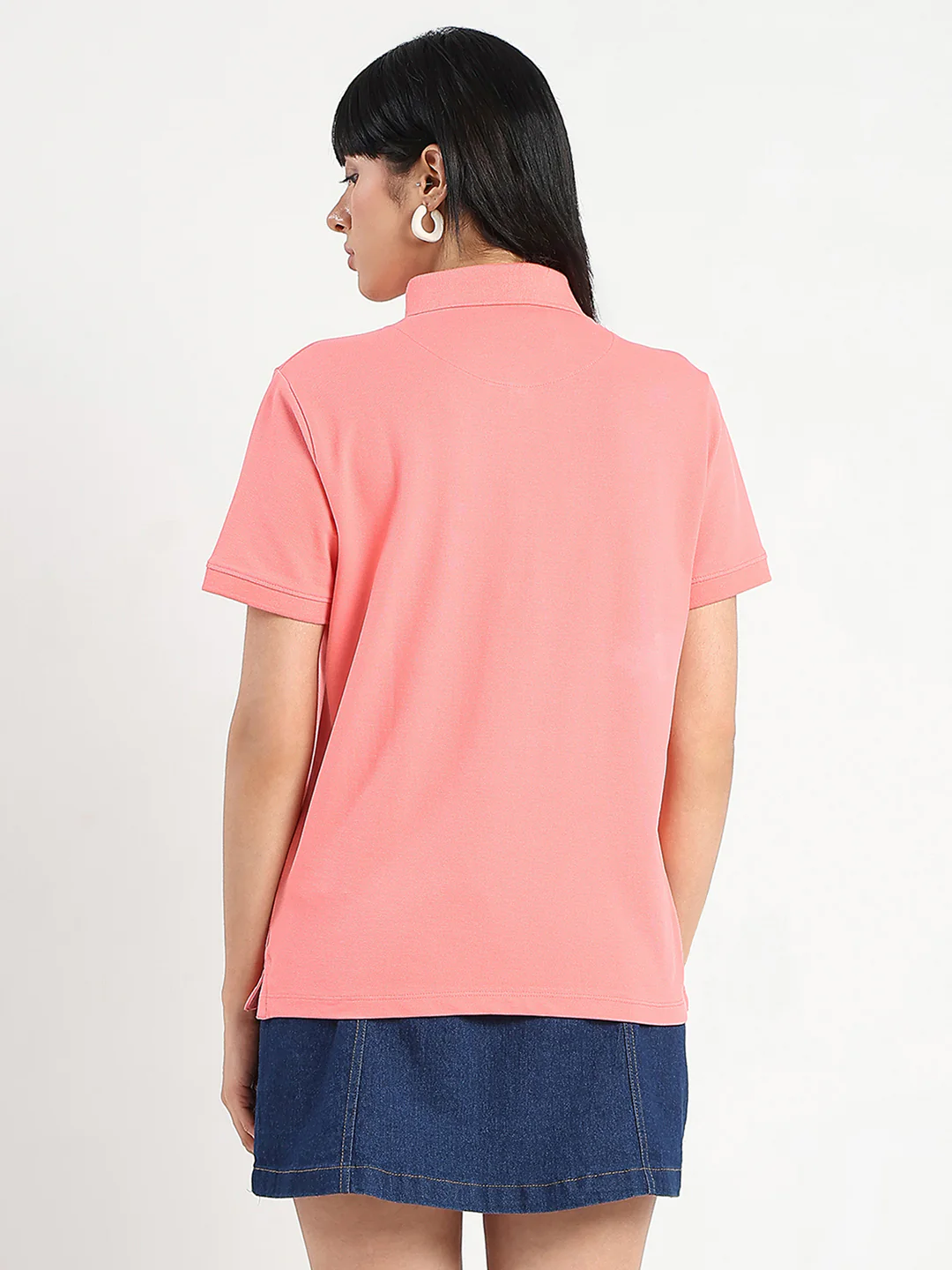 Madame Collared Solid Coral Cotton Blend Polo T-Shirt - Image 5