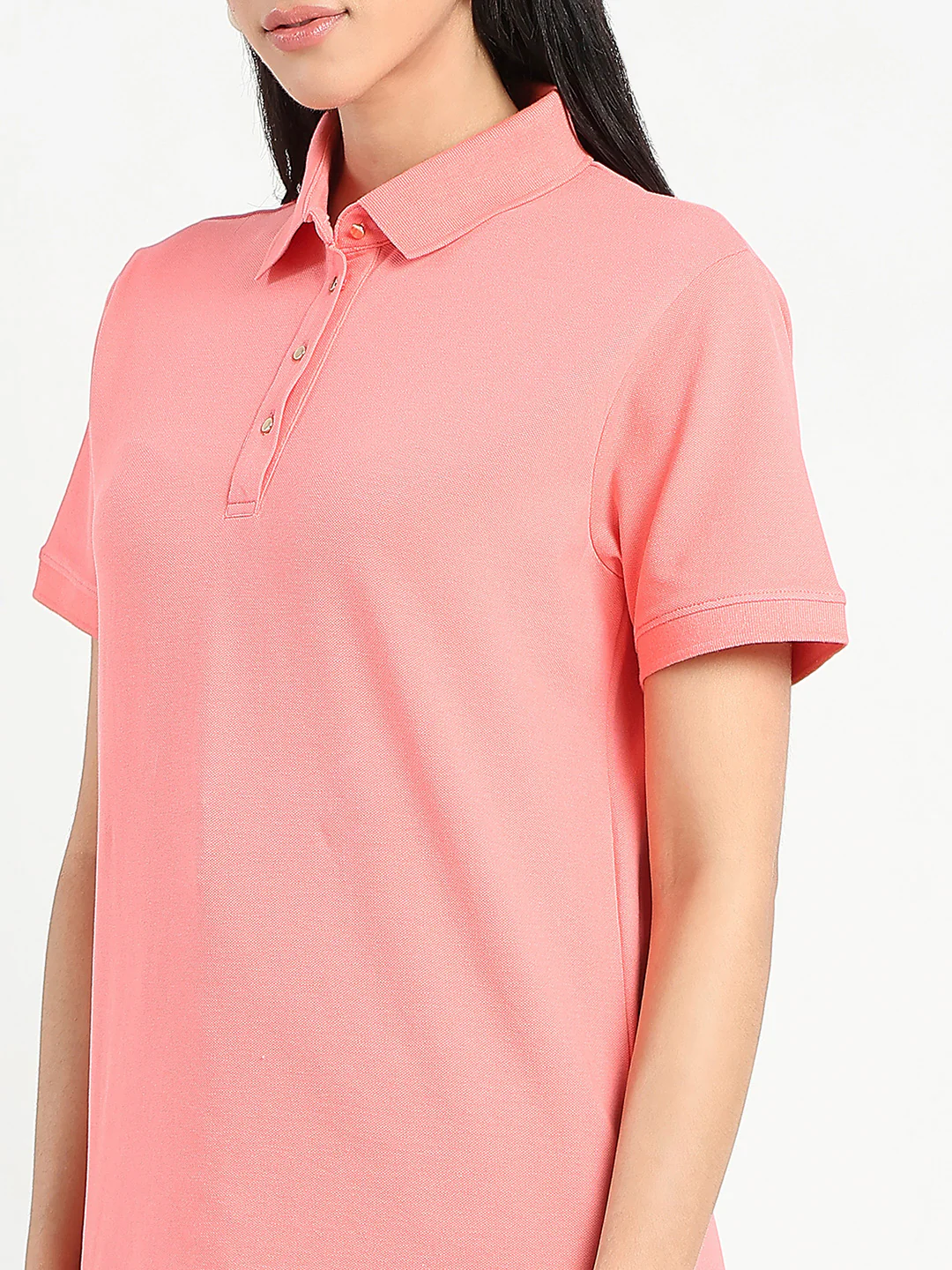Madame Collared Solid Coral Cotton Blend Polo T-Shirt - Image 6