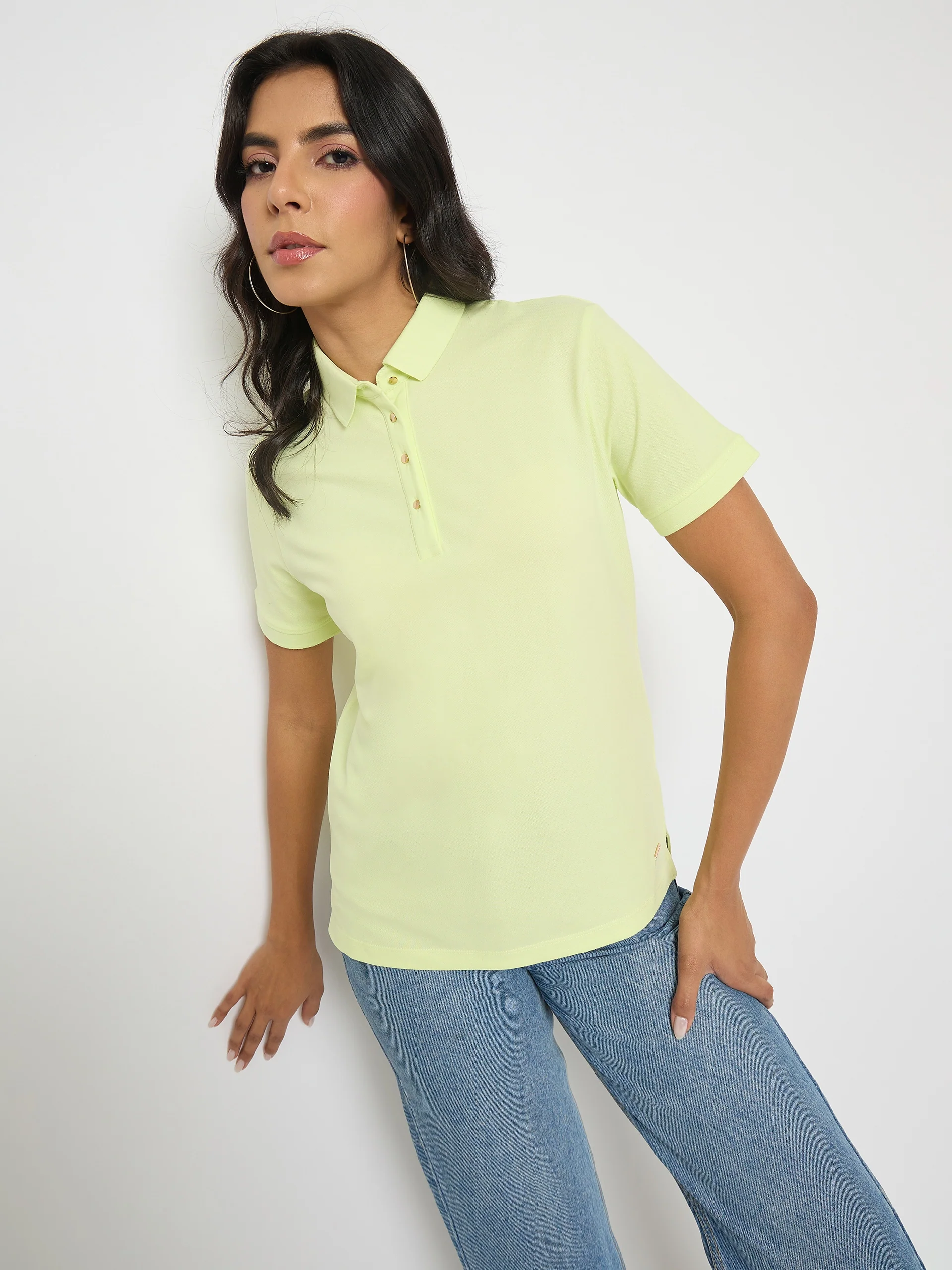 Madame Lime Yellow Cotton Blend Polo T-Shirt