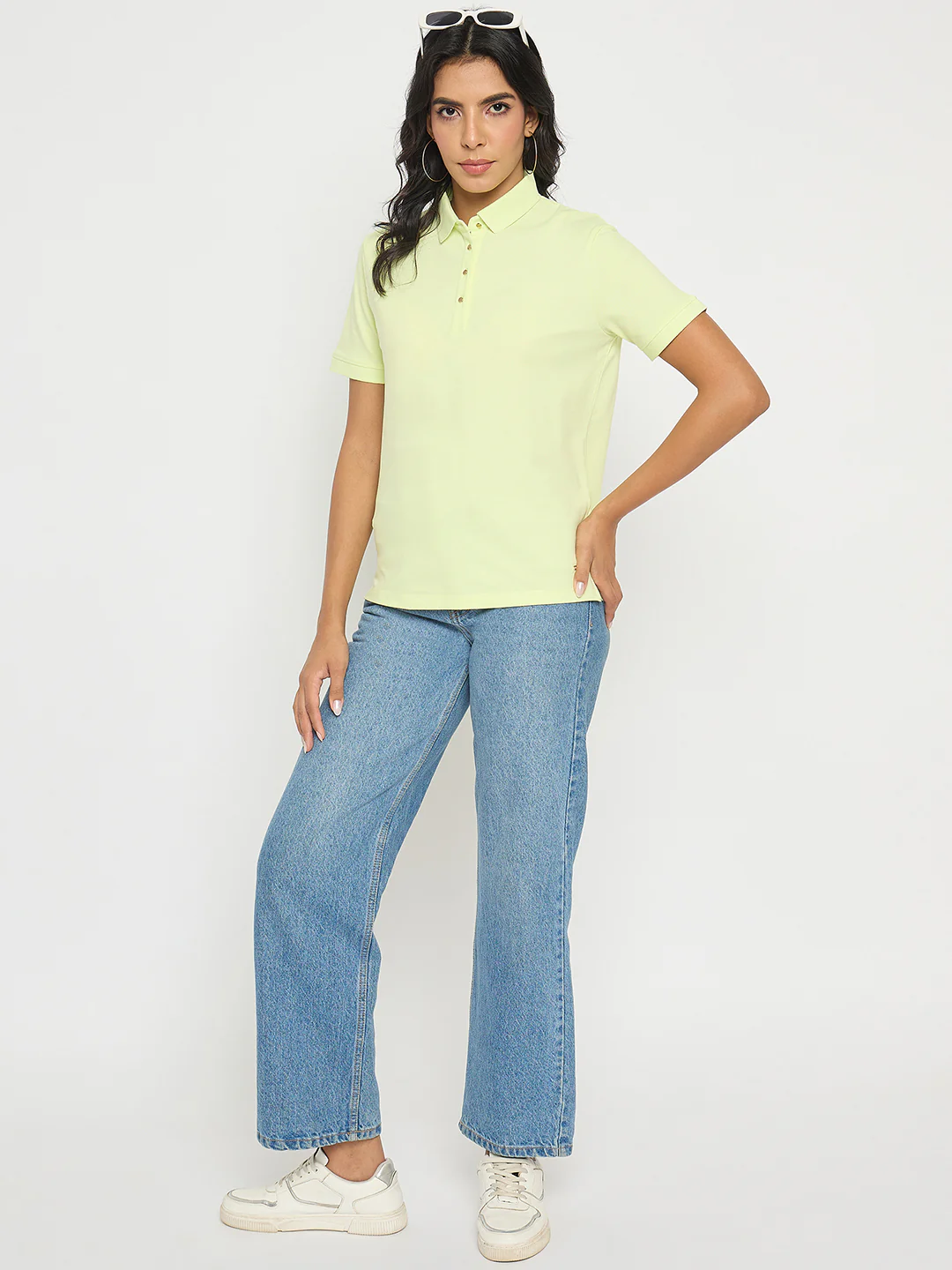 Madame Lime Yellow Cotton Blend Polo T-Shirt - Image 2