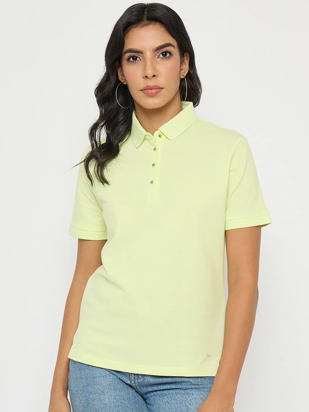 Madame Lime Yellow Cotton Blend Polo T-Shirt - Image 3