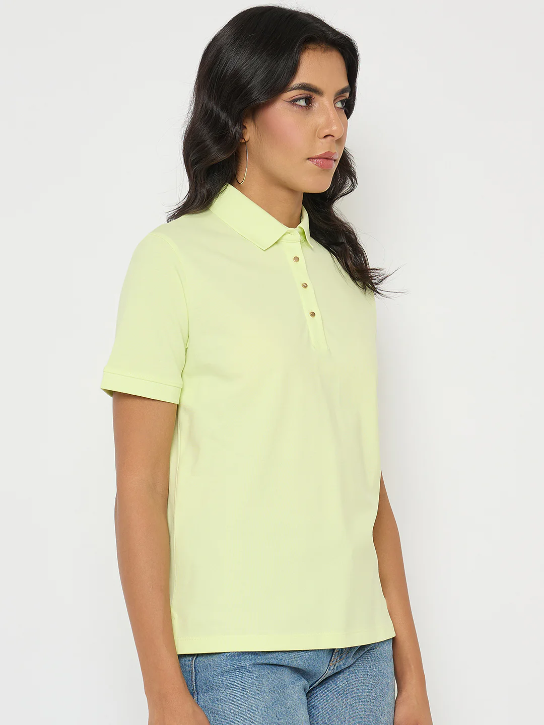 Madame Lime Yellow Cotton Blend Polo T-Shirt - Image 4