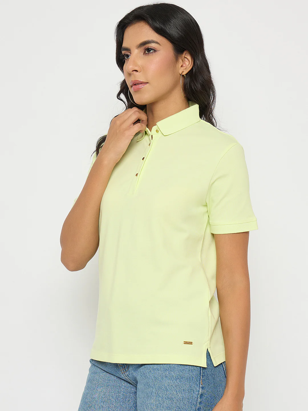 Madame Lime Yellow Cotton Blend Polo T-Shirt - Image 5