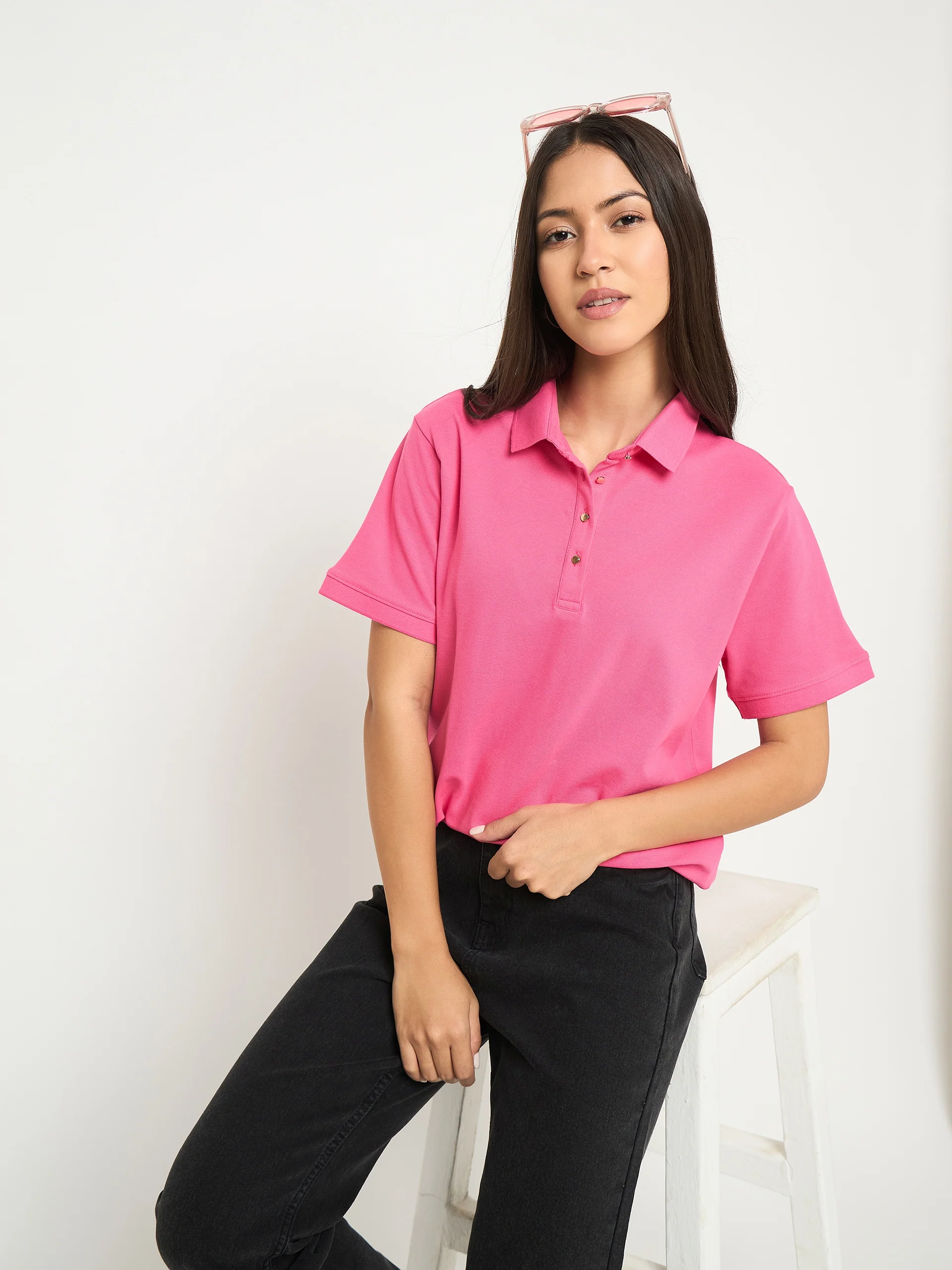 Madame Cotton Blend Solid Pink Polo T-shirt