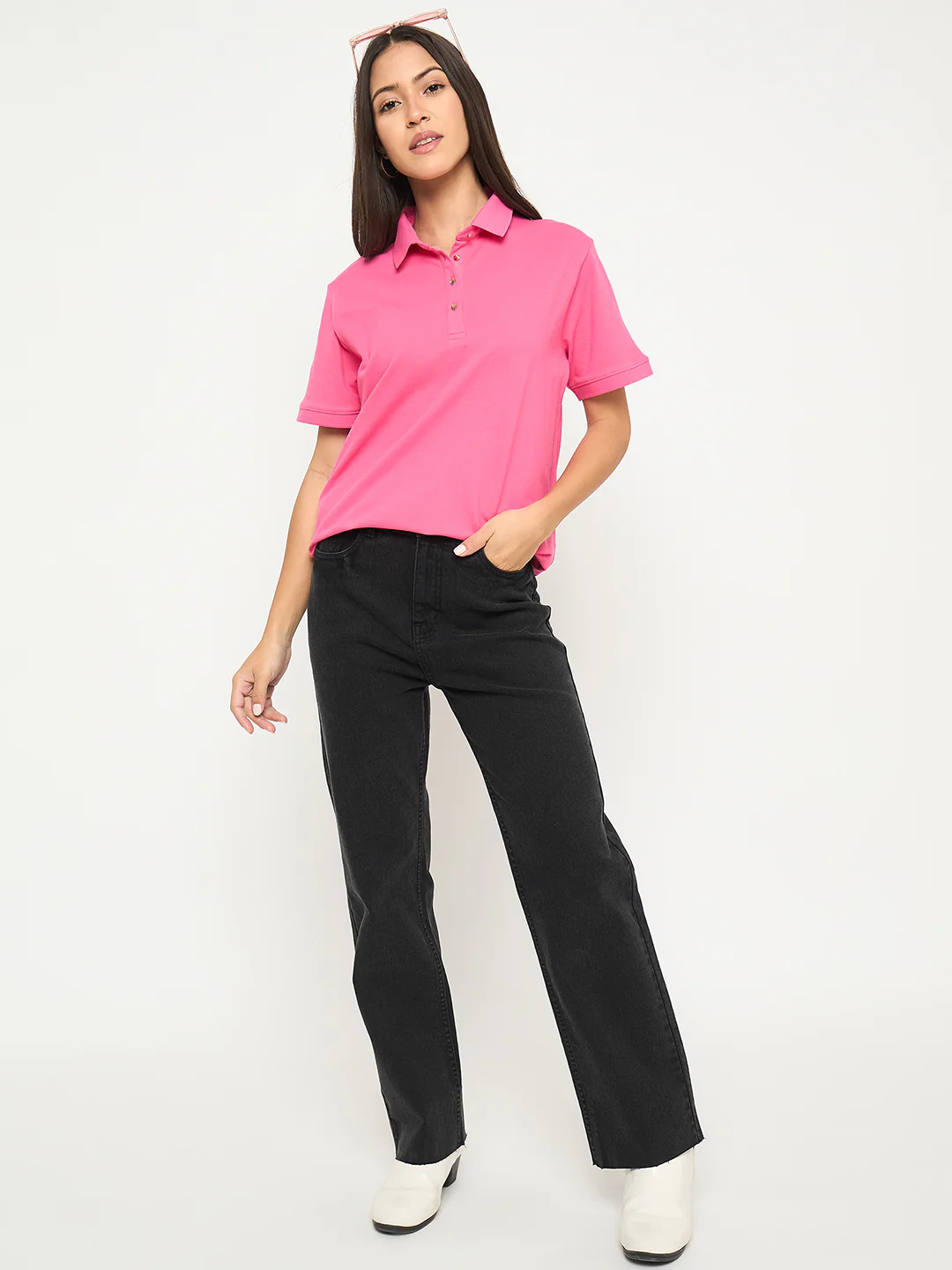 Madame Cotton Blend Solid Pink Polo T-shirt - Image 2