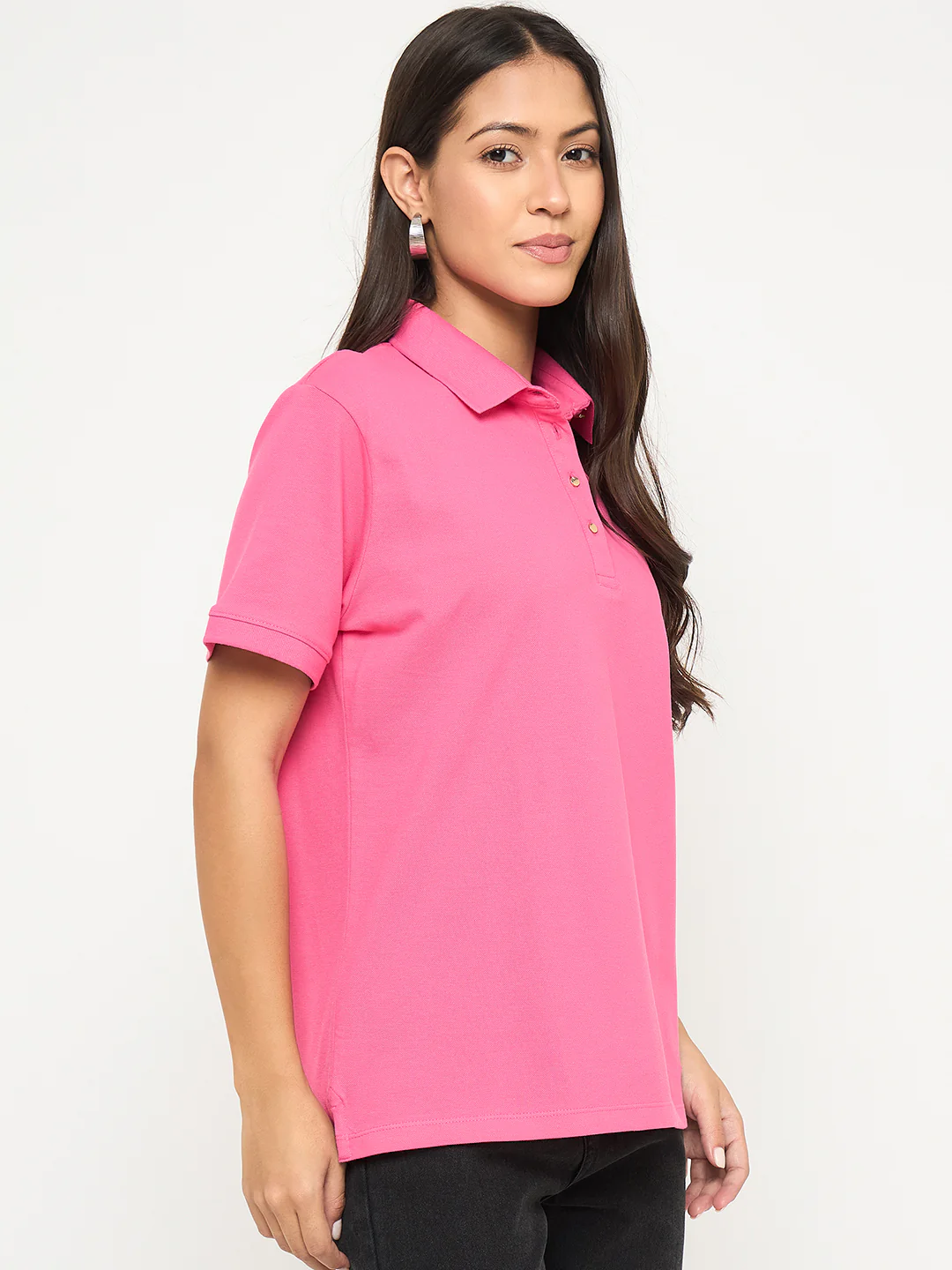 Madame Cotton Blend Solid Pink Polo T-shirt - Image 4