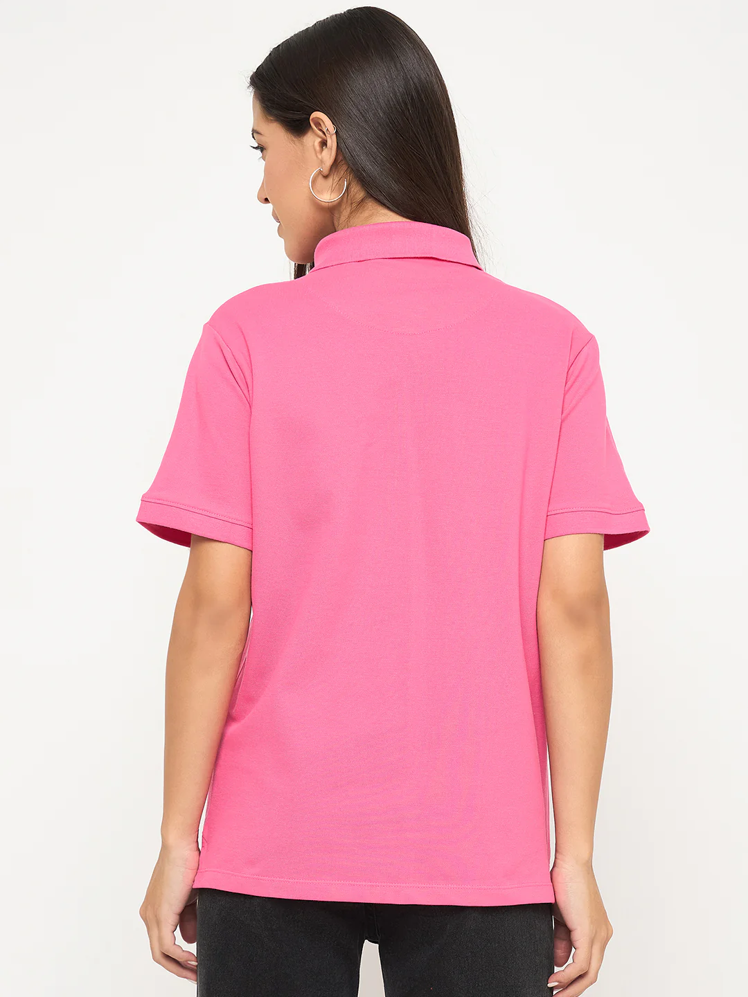 Madame Cotton Blend Solid Pink Polo T-shirt - Image 6