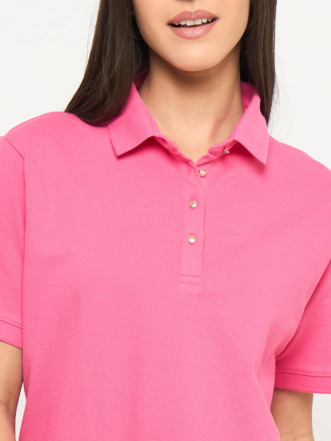 Madame Cotton Blend Solid Pink Polo T-shirt - Image 7