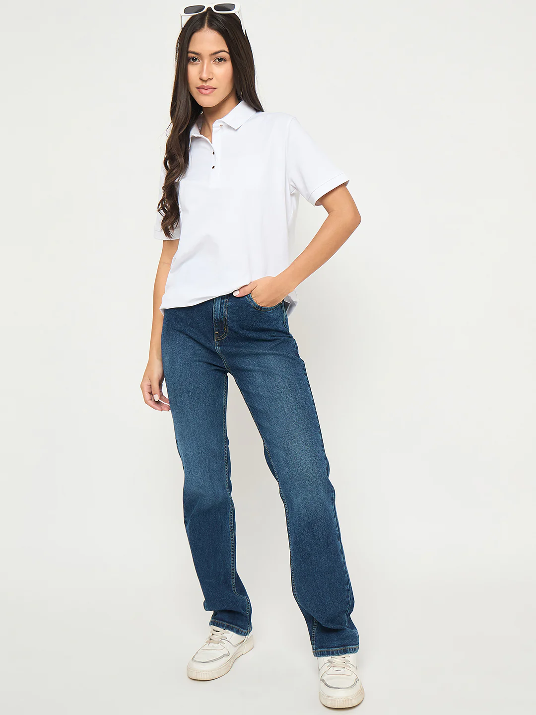 Madame Cotton Blend Solid White Polo T-shirt - Image 2