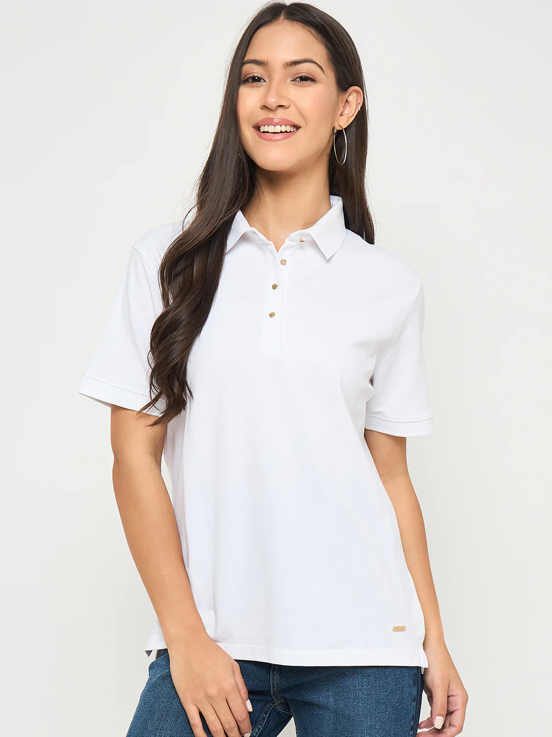 Madame Cotton Blend Solid White Polo T-shirt - Image 3