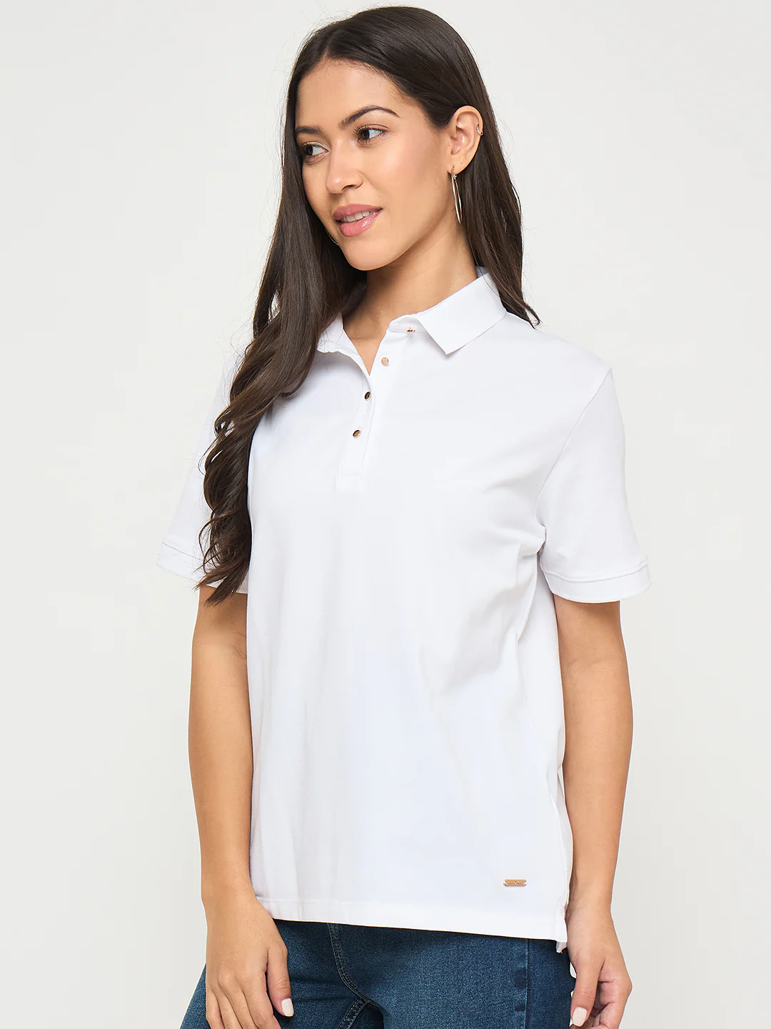 Madame Cotton Blend Solid White Polo T-shirt - Image 4