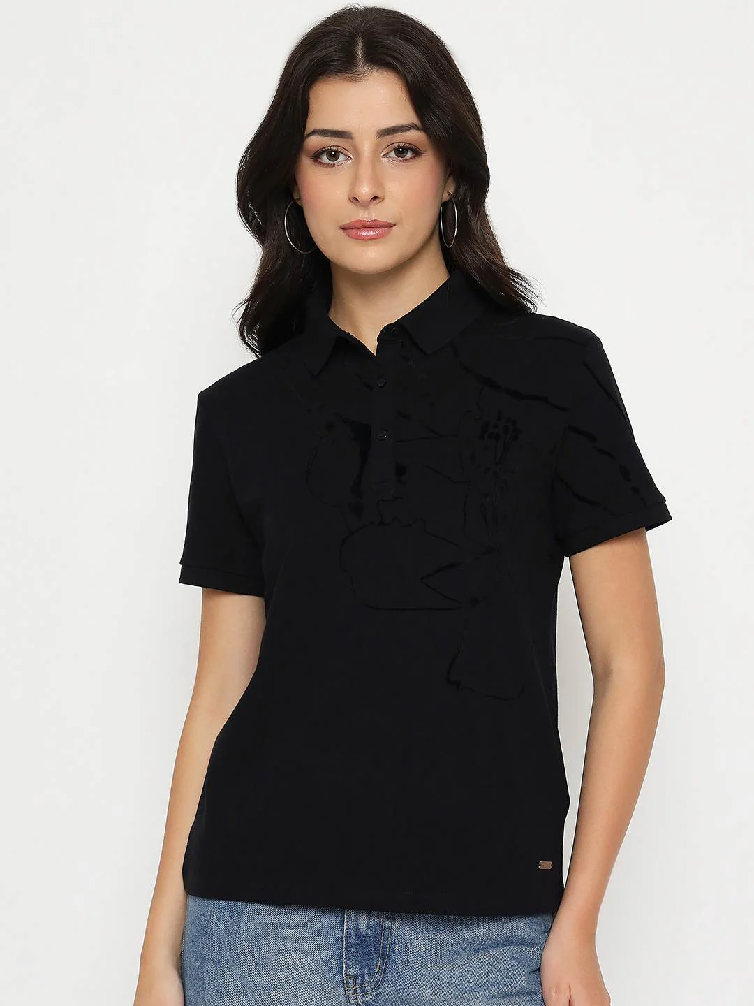 Madame Solid Black Cotton Blend T-Shirt - Image 3