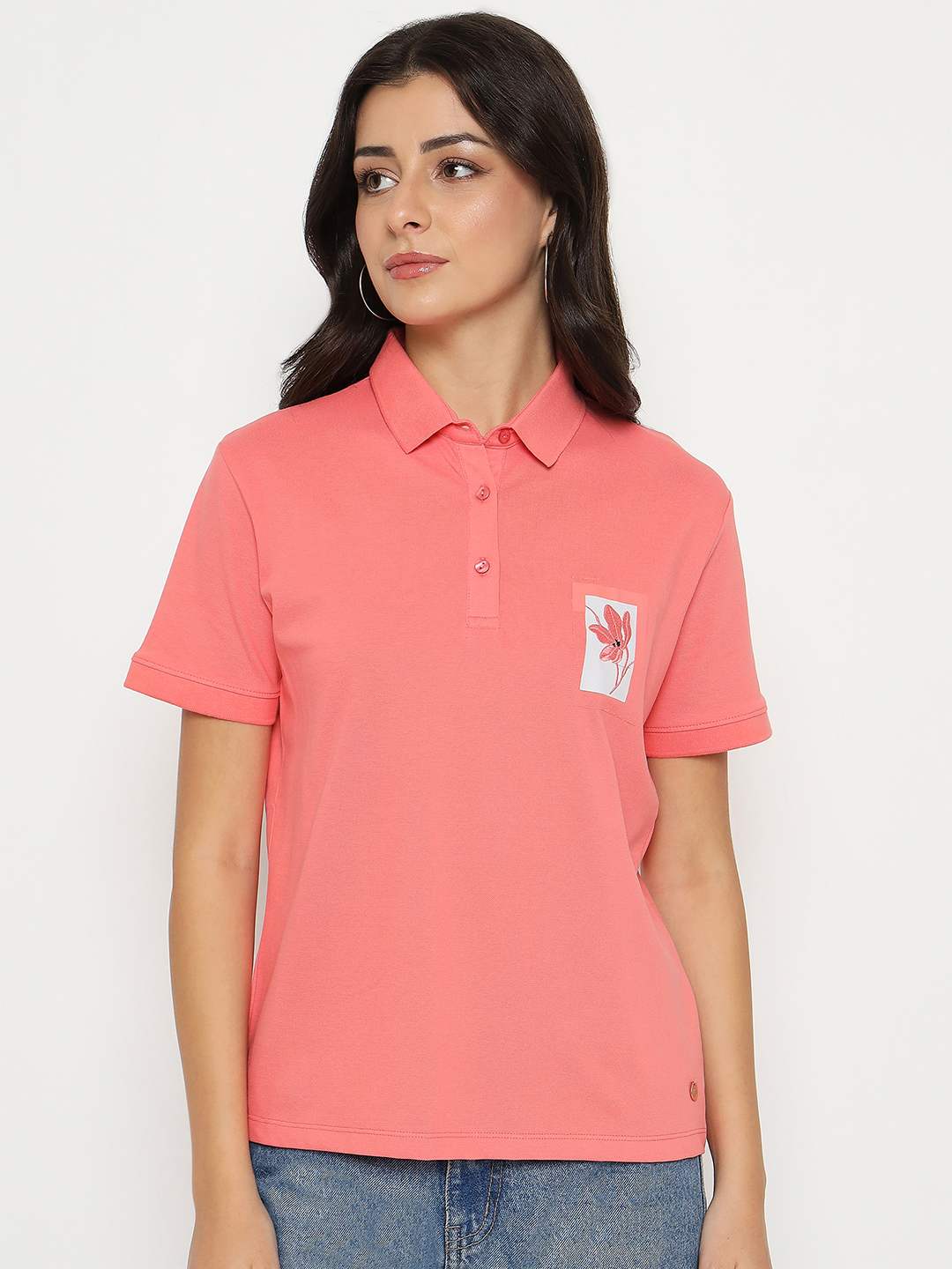 Madame Graphic Print Adorned Cotton Blend Coral Polo T-shirt - Image 3