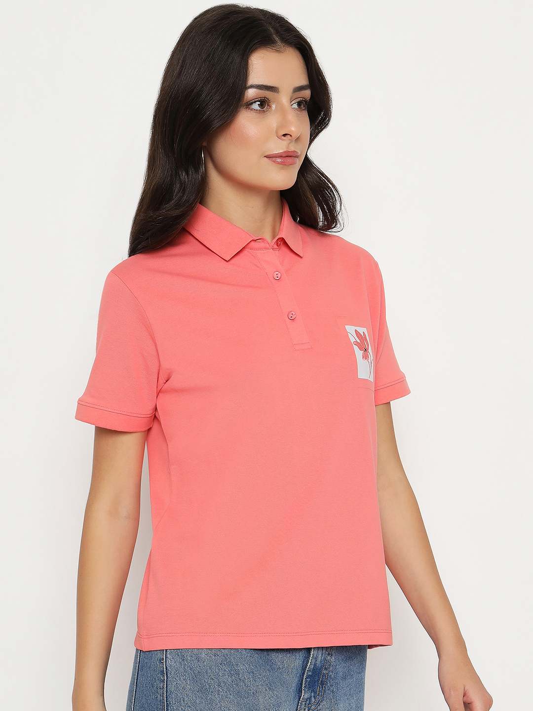 Madame Graphic Print Adorned Cotton Blend Coral Polo T-shirt - Image 4