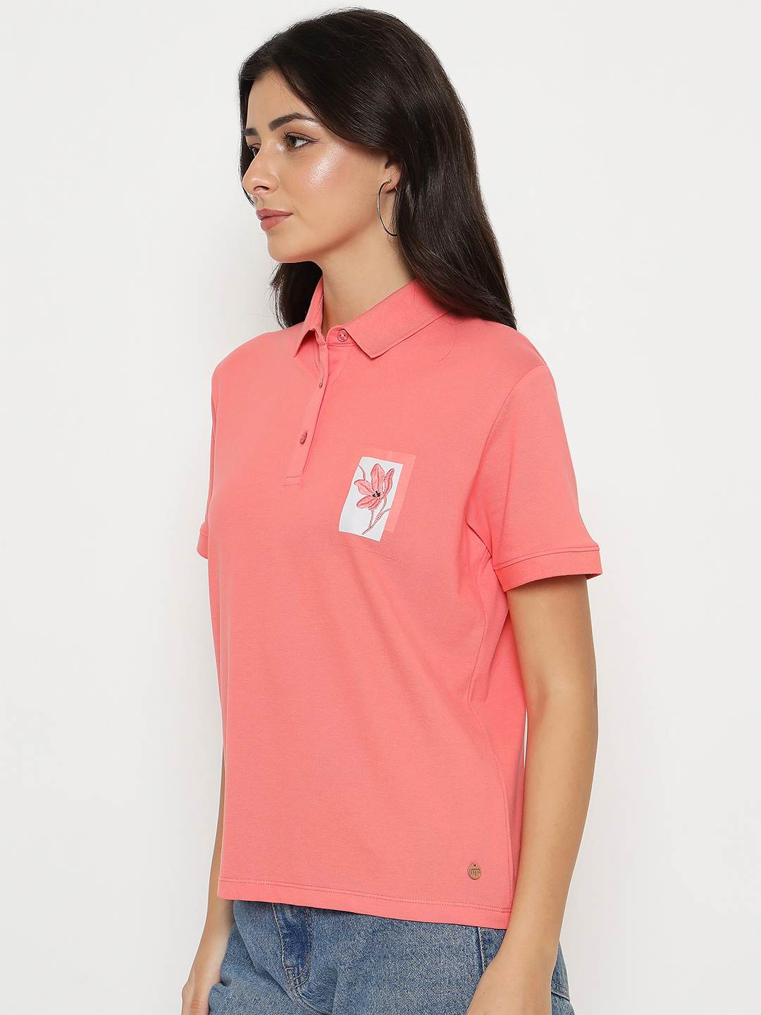 Madame Graphic Print Adorned Cotton Blend Coral Polo T-shirt - Image 5