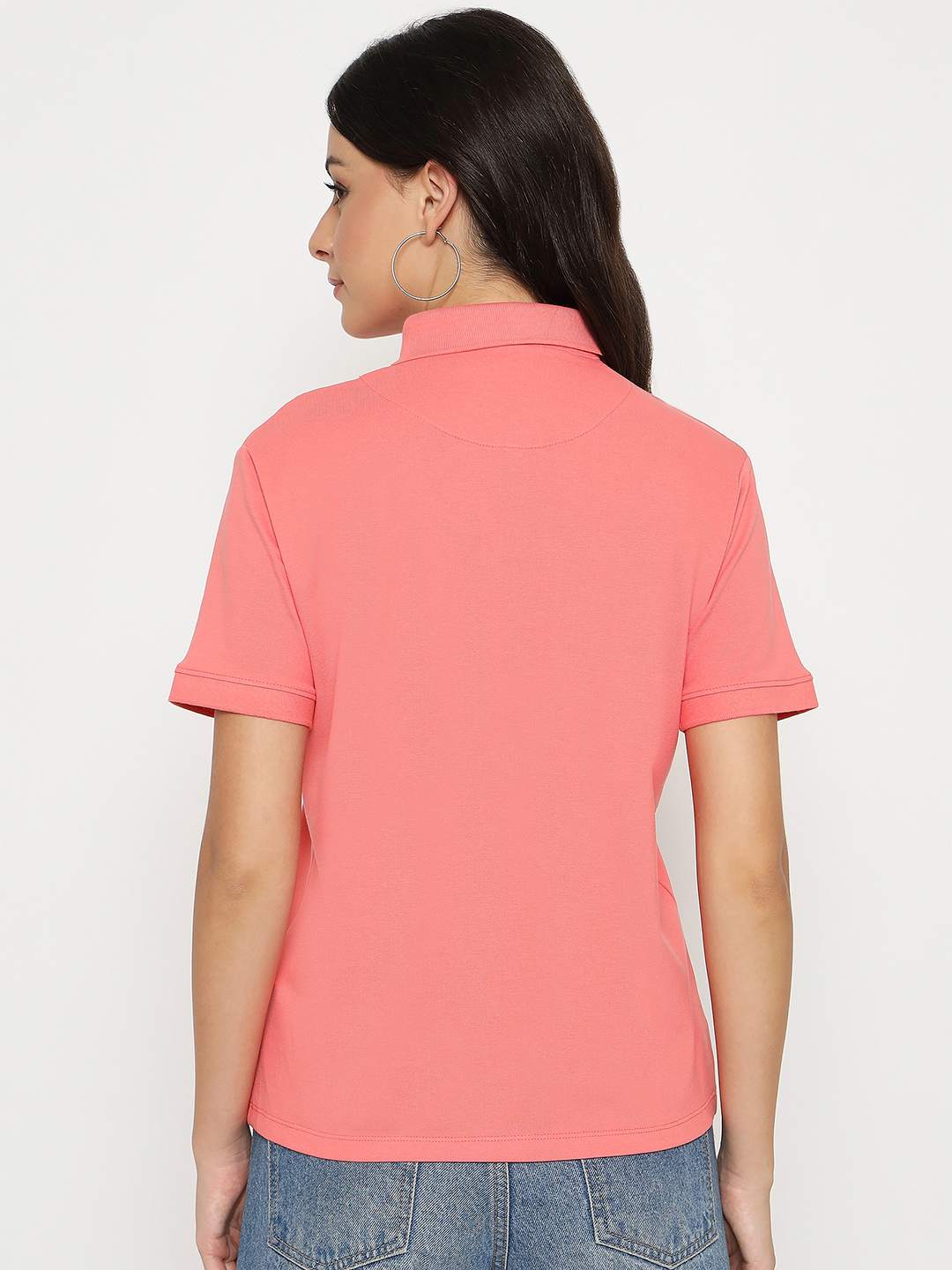 Madame Graphic Print Adorned Cotton Blend Coral Polo T-shirt - Image 6