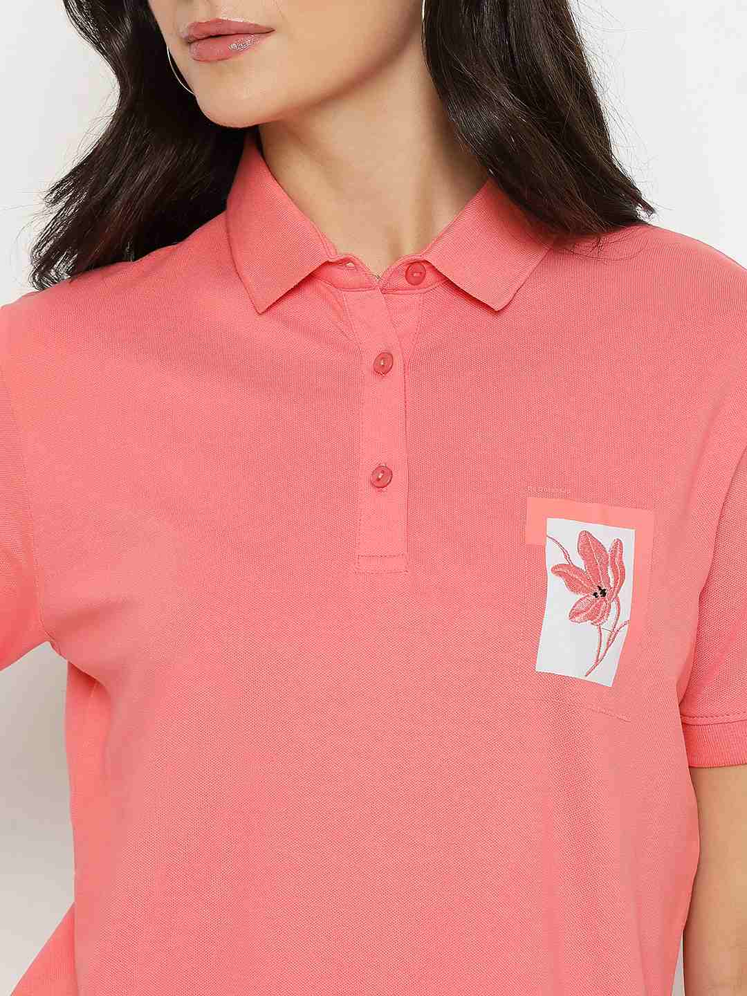 Madame Graphic Print Adorned Cotton Blend Coral Polo T-shirt - Image 7