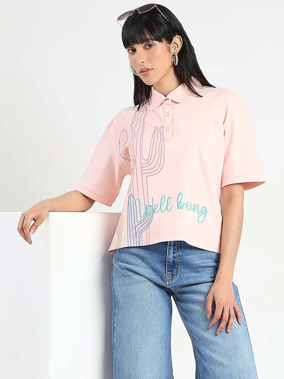Madame Graphic Print Cotton Blend Peach Polo T-shirt