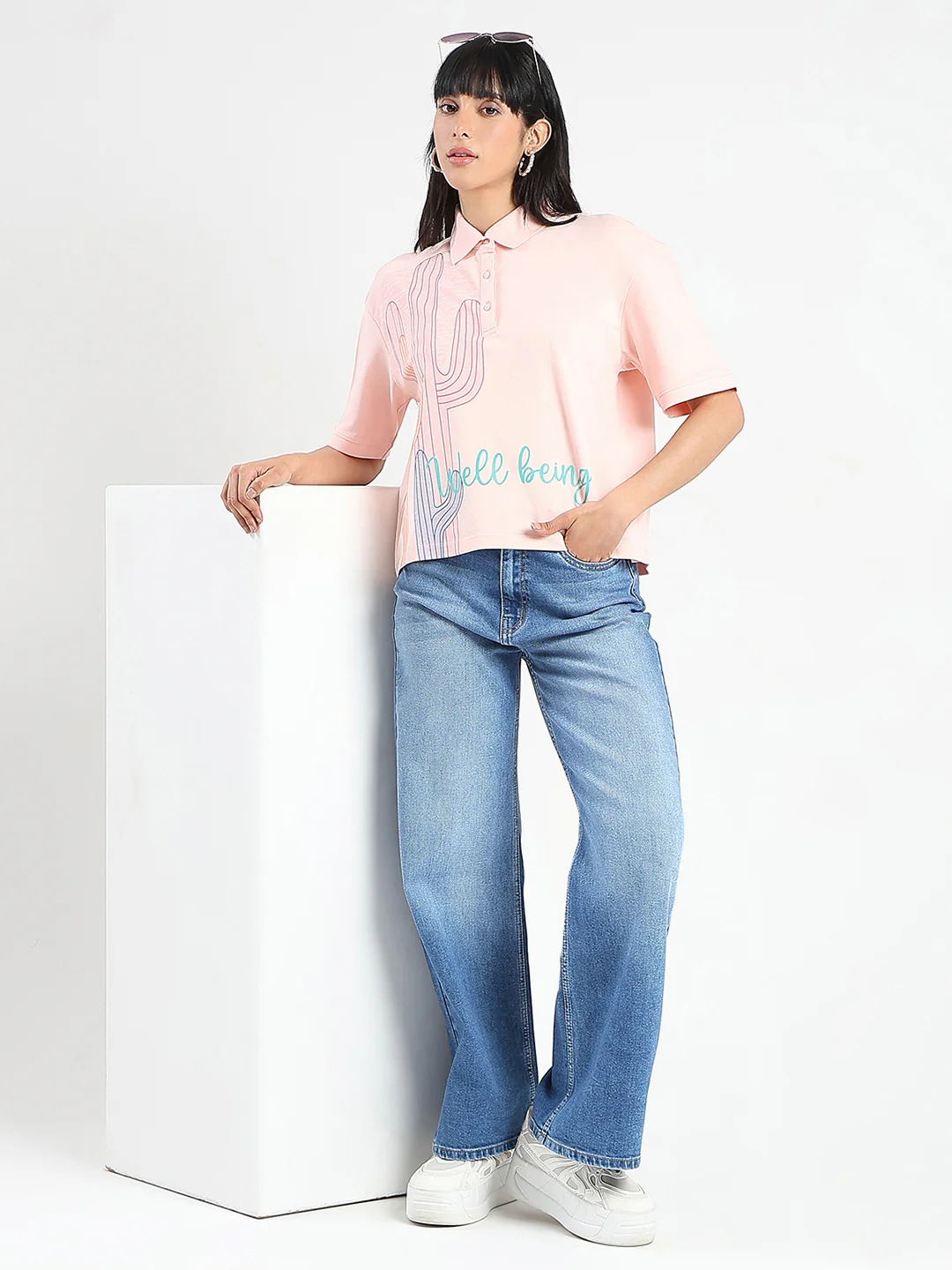 Madame Graphic Print Cotton Blend Peach Polo T-shirt - Image 2