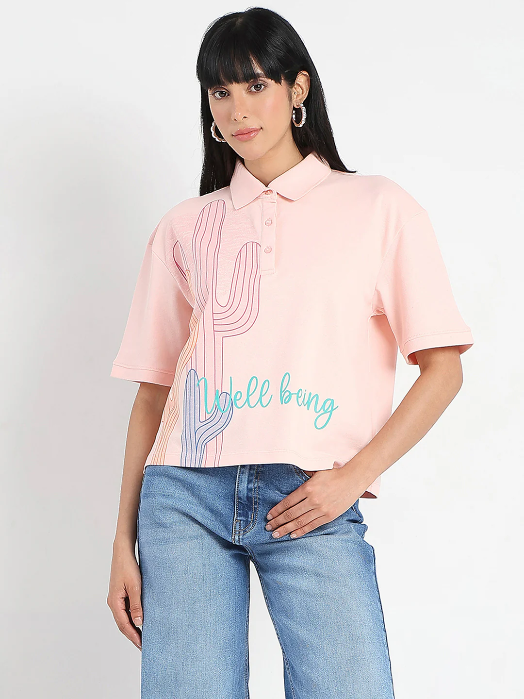 Madame Graphic Print Cotton Blend Peach Polo T-shirt - Image 3
