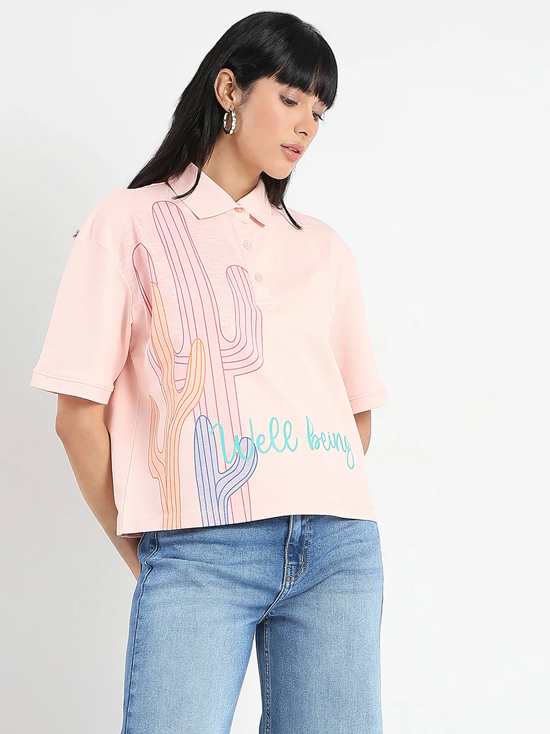 Madame Graphic Print Cotton Blend Peach Polo T-shirt - Image 4