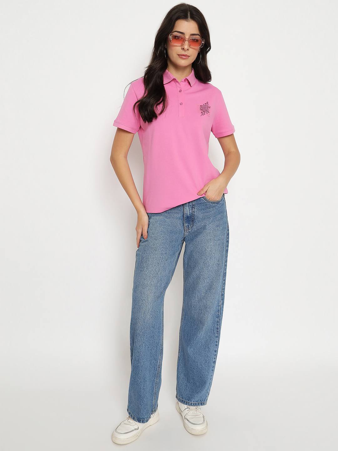 Madame Print Adorned Cotton Blend Pink  Polo T-shirt - Image 2