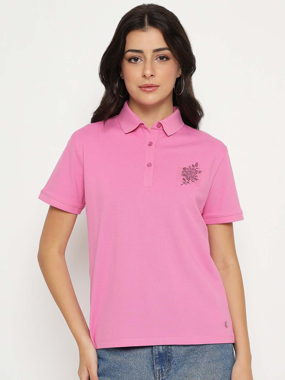 Madame Print Adorned Cotton Blend Pink  Polo T-shirt - Image 3